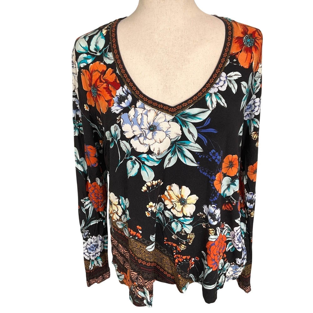 Johnny Was Top Women S Black Multi Floral Boho Bold Soft Comfort Relaxed Bamboo